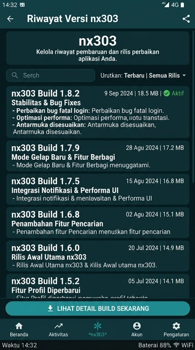 Tampilan riwayat versi nx303